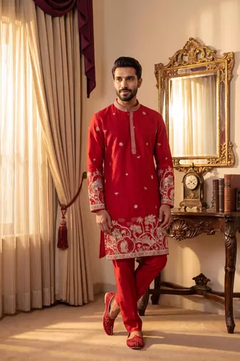 Rani green cotton kurta pant set with embroidery, sequin and hand work