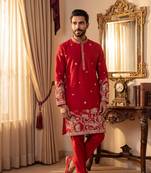 Rani green cotton kurta pant set with embroidery, sequin and hand work