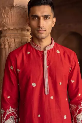Rani green cotton kurta pant set with embroidery, sequin and hand work