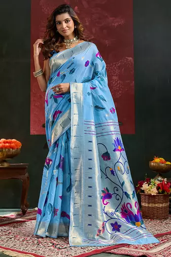 Blue woven, floral cotton silk paithani saree with blouse