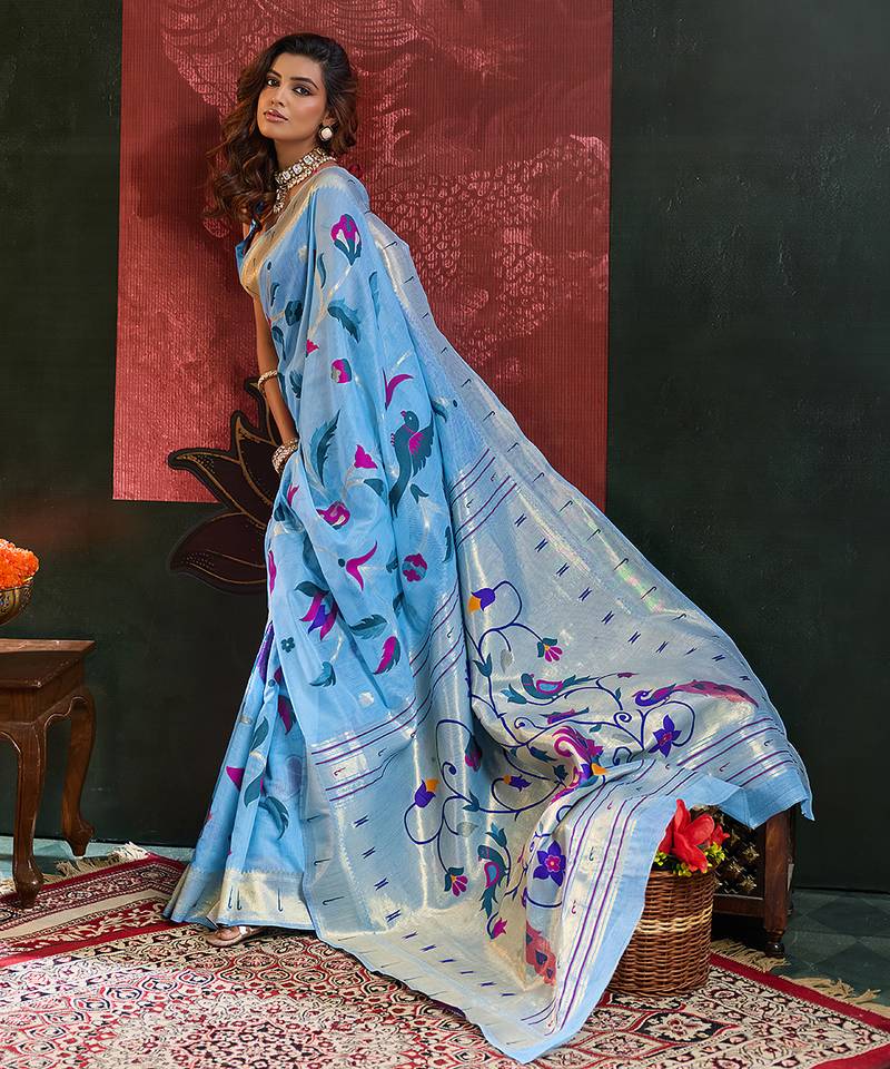 Blue woven, floral cotton silk paithani saree with blouse