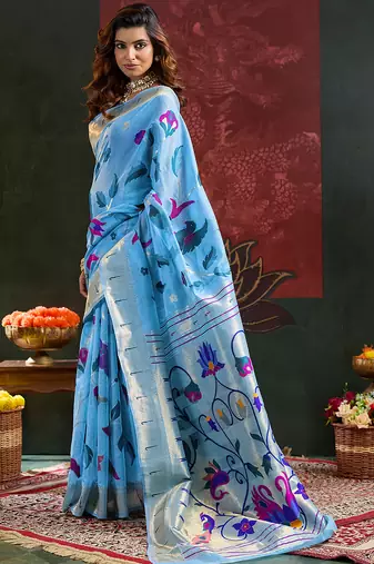 Blue woven, floral cotton silk paithani saree with blouse