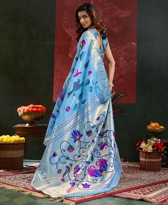 Blue woven, floral cotton silk paithani saree with blouse 4