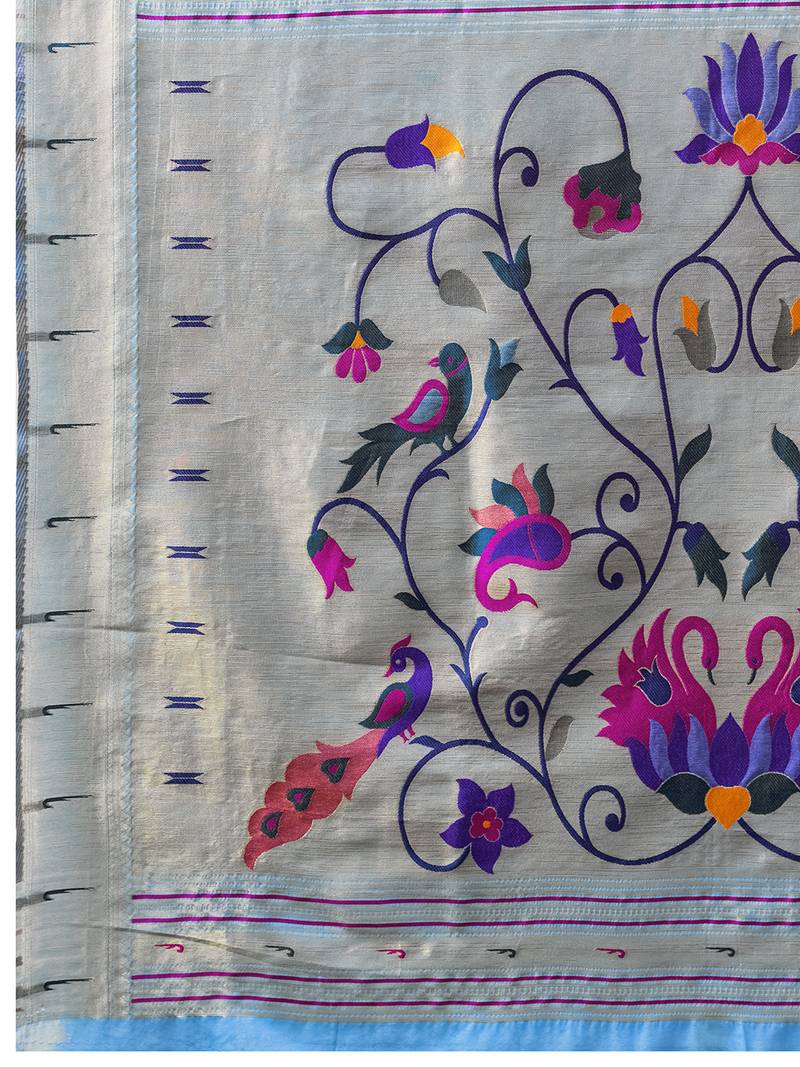 Blue woven, floral cotton silk paithani saree with blouse