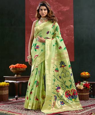 Green woven, floral cotton silk paithani saree with blouse 1
