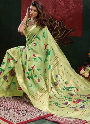 Green woven, floral cotton silk paithani saree with blouse 2
