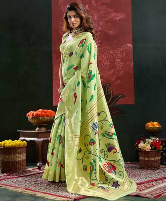Green woven, floral cotton silk paithani saree with blouse 3