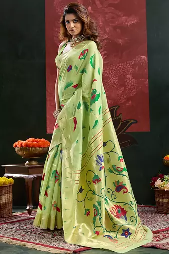 Green woven, floral cotton silk paithani saree with blouse