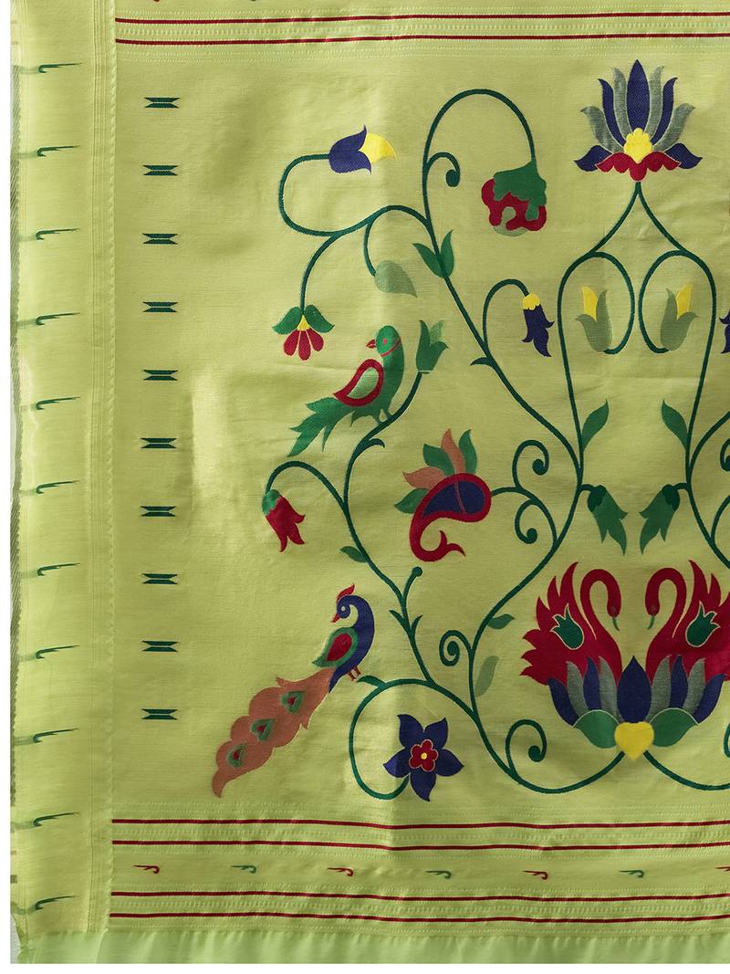 Green woven, floral cotton silk paithani saree with blouse