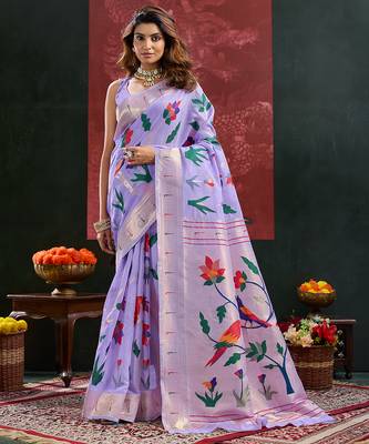 Lavender woven, floral cotton silk paithani saree with blouse 1