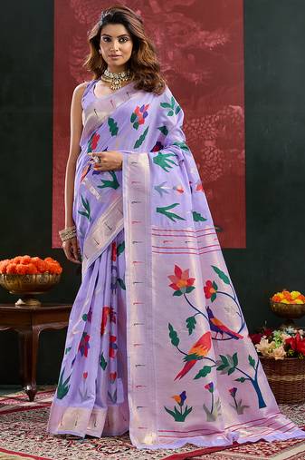 Lavender woven, floral cotton silk paithani saree with blouse