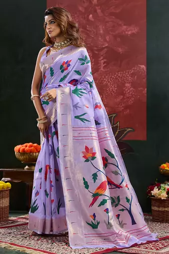 Lavender woven, floral cotton silk paithani saree with blouse