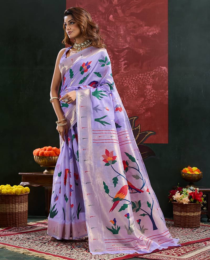 Lavender woven, floral cotton silk paithani saree with blouse