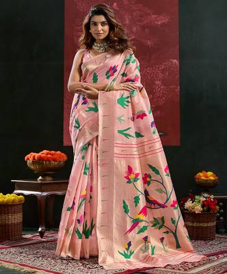 Peach woven, floral cotton silk paithani saree with blouse 1