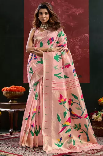Peach woven, floral cotton silk paithani saree with blouse