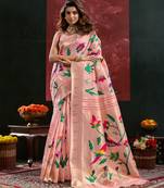 Peach woven, floral cotton silk paithani saree with blouse