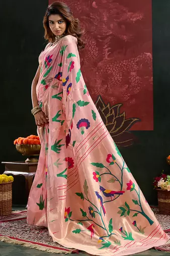 Peach woven, floral cotton silk paithani saree with blouse