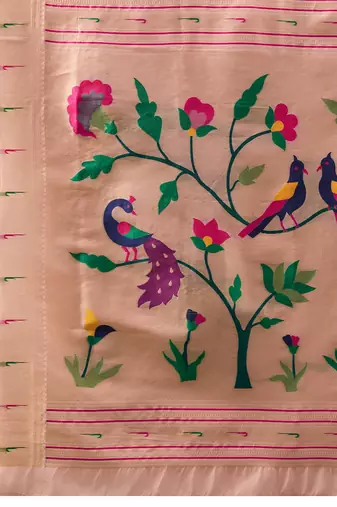 Peach woven, floral cotton silk paithani saree with blouse