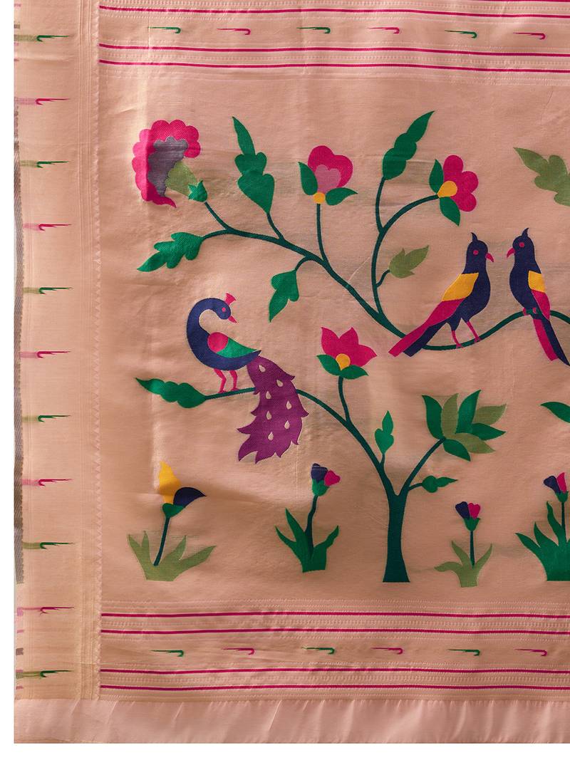Peach woven, floral cotton silk paithani saree with blouse