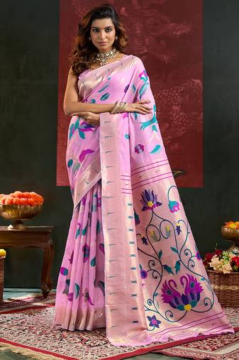 Pink woven, floral cotton silk paithani saree with blouse