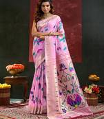 Pink woven, floral cotton silk paithani saree with blouse