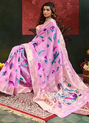 Pink woven, floral cotton silk paithani saree with blouse 2