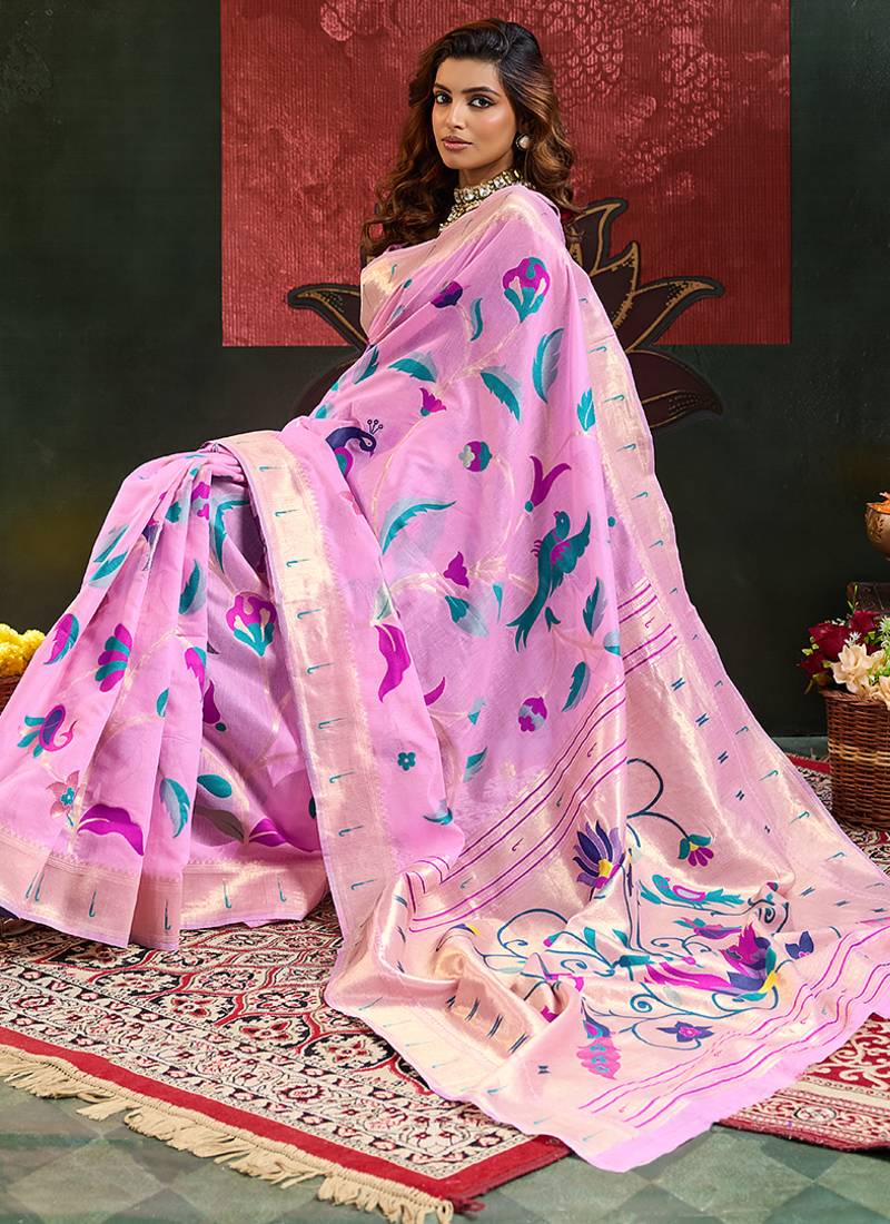Pink woven, floral cotton silk paithani saree with blouse