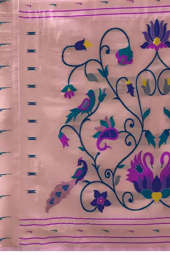 Pink woven, floral cotton silk paithani saree with blouse
