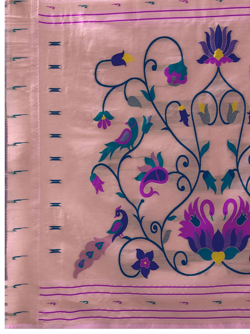 Pink woven, floral cotton silk paithani saree with blouse