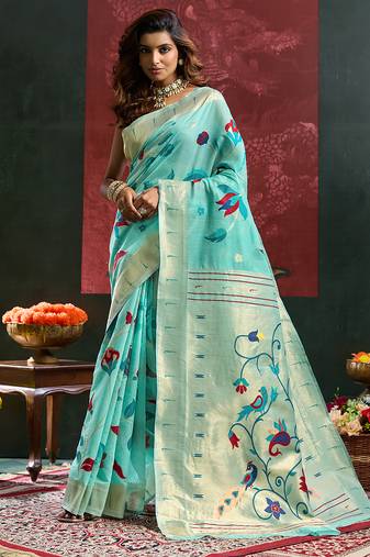 Turquoise blue woven, floral cotton silk paithani saree with blouse