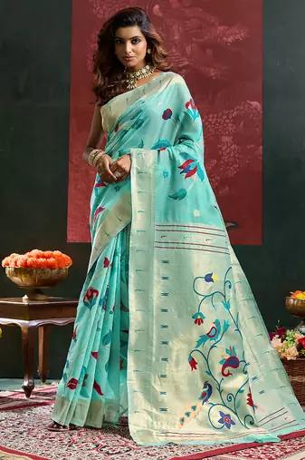 Turquoise blue woven, floral cotton silk paithani saree with blouse