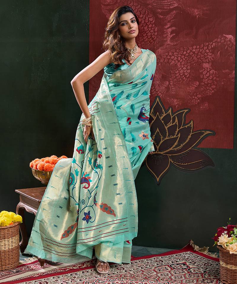 Turquoise blue woven, floral cotton silk paithani saree with blouse