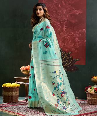 Turquoise blue woven, floral cotton silk paithani saree with blouse 3