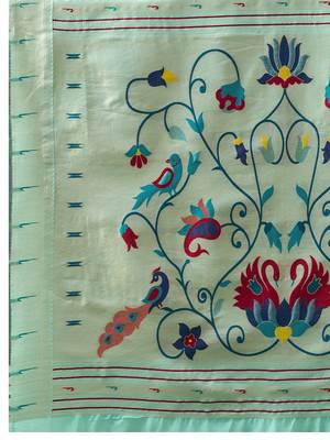 Turquoise blue woven, floral cotton silk paithani saree with blouse 5