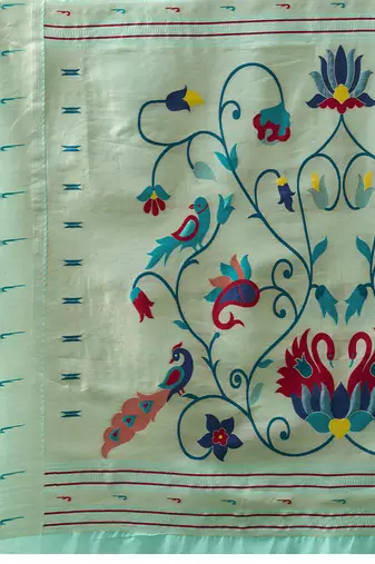 Turquoise blue woven, floral cotton silk paithani saree with blouse