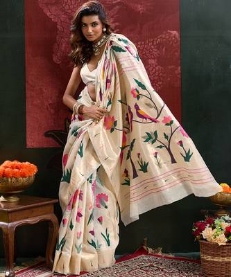 White woven, floral cotton silk paithani saree with blouse 2