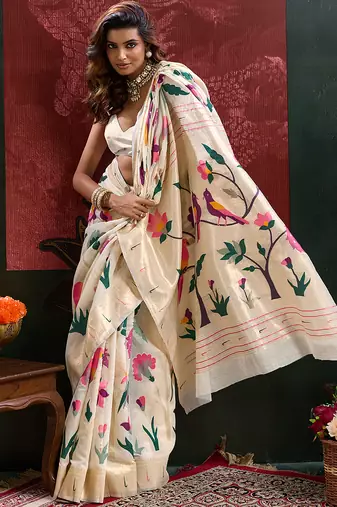 White woven, floral cotton silk paithani saree with blouse