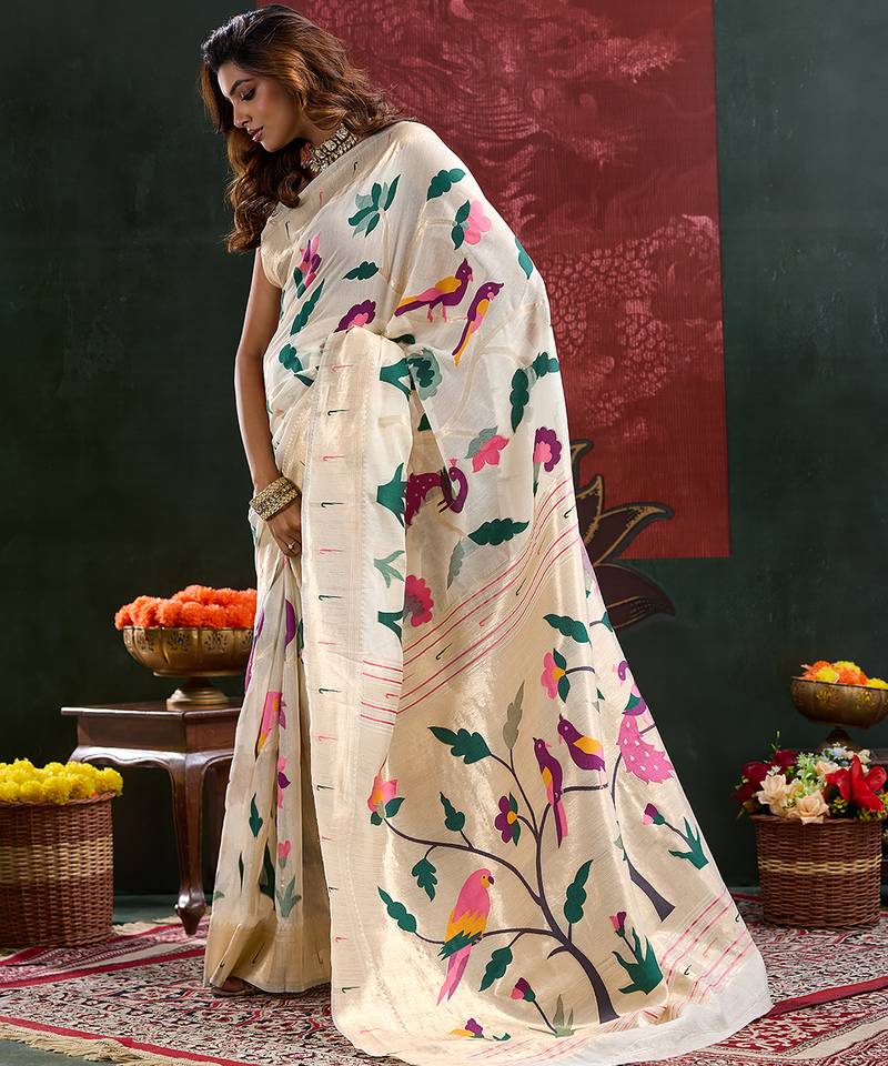 White woven, floral cotton silk paithani saree with blouse