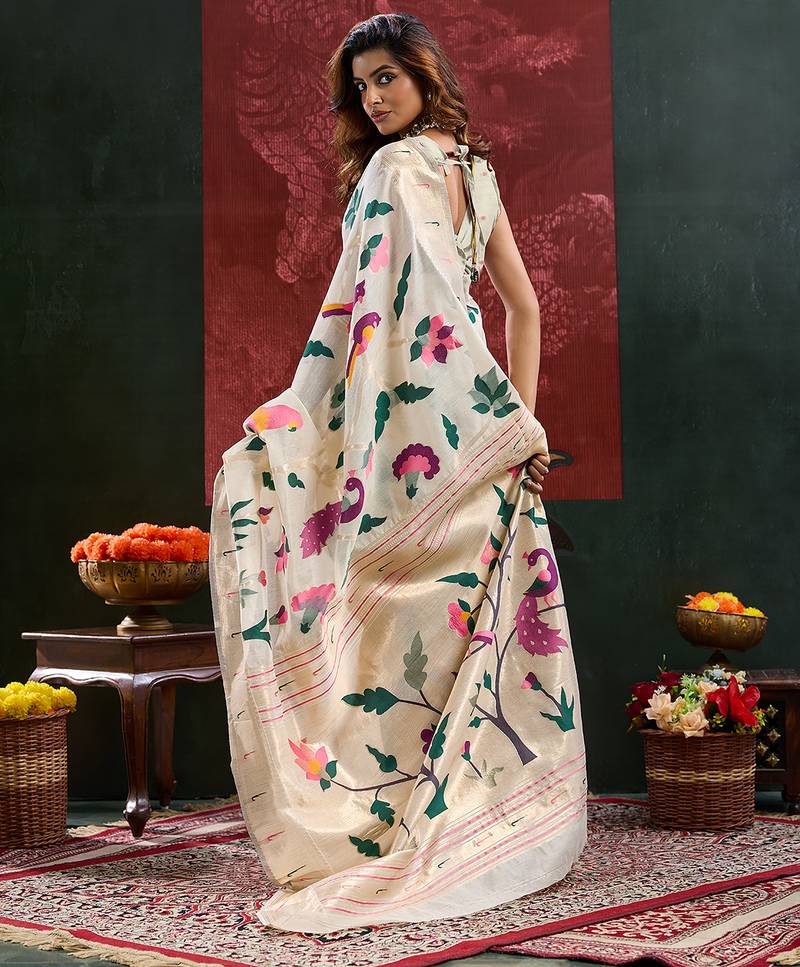 White woven, floral cotton silk paithani saree with blouse