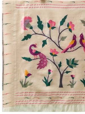 White woven, floral cotton silk paithani saree with blouse 5