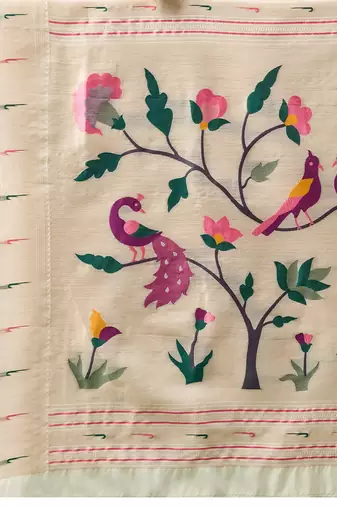 White woven, floral cotton silk paithani saree with blouse