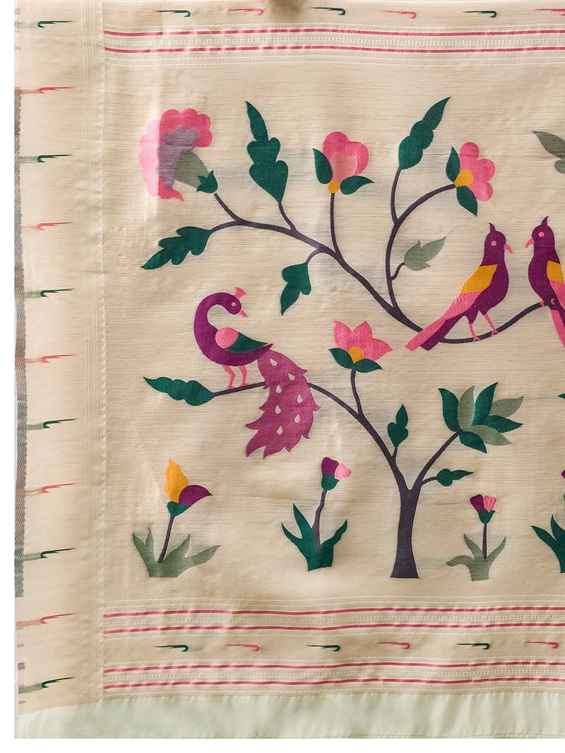 White woven, floral cotton silk paithani saree with blouse