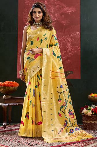 Yellow woven, floral cotton silk paithani saree with blouse