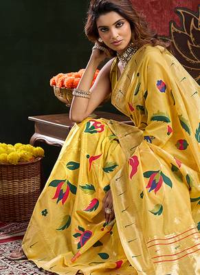 Yellow woven, floral cotton silk paithani saree with blouse 2