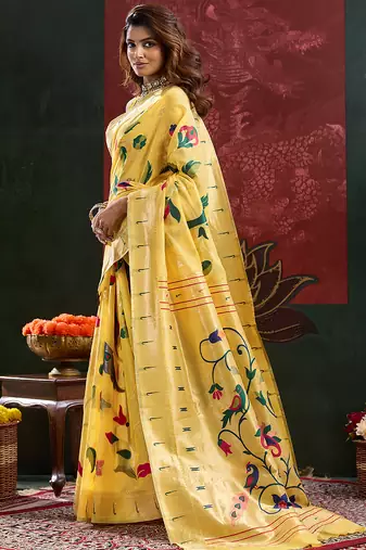 Yellow woven, floral cotton silk paithani saree with blouse