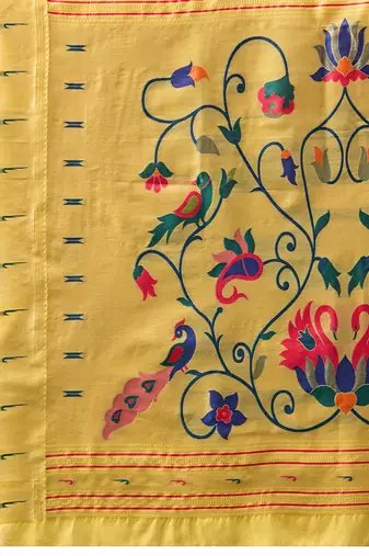 Yellow woven, floral cotton silk paithani saree with blouse