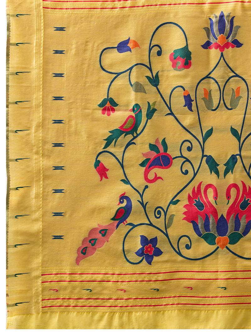 Yellow woven, floral cotton silk paithani saree with blouse