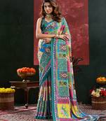 multicolor digital print mirror work crepe kalamkari saree with blouse