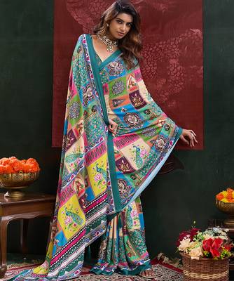 multicolor digital print mirror work crepe kalamkari saree with blouse 2