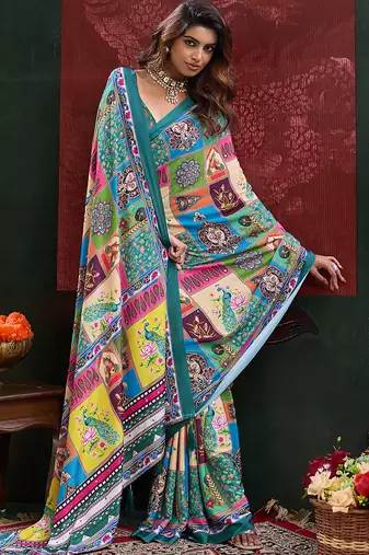 multicolor digital print mirror work crepe kalamkari saree with blouse